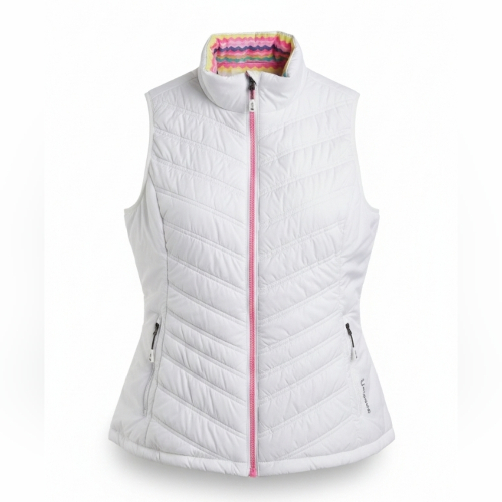 Sunice Reversible versatile Padded Puffer Vest White & Rainbow Colorful Chevron
